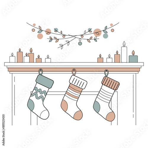 A charming, simple line art illustration depicting a fireplace mantle decorated with lit candles, a festive garland, and three patterned Christmas stockings hanging from the front.