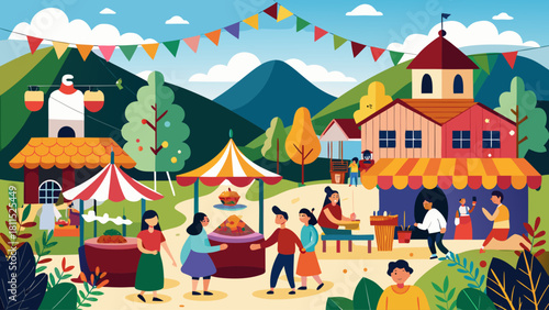 A colorful scene of people gathered in a village with a variety of food stands and tents. Scene is lively and festive, with people enjoying the outdoor market and socializing with each other