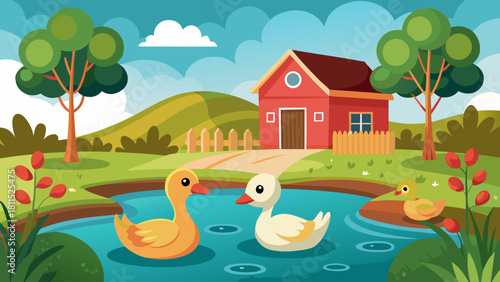 A family of ducks are swimming in a pond. The ducks are in the foreground and the background features a red house and trees