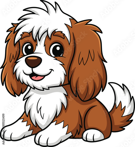 Cartoon cute dog, fluffy pet, sitting puppy, friendly character, children illustration, vector art, smiling animal, playful design, brown white fur