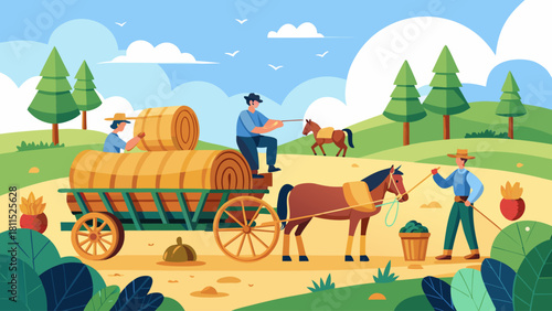 A group of men are working together to pull a wagon full of hay. The scene is set in a rural area with trees in the background. The men are dressed in work clothes and are focused on their task