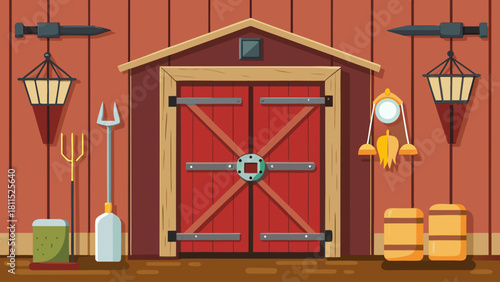 A red barn with a clock hanging on the wall. The barn is filled with tools and equipment, including a pitchfork, a rake, and a hammer