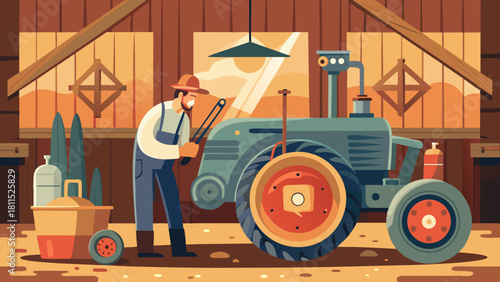 A man is working on a tractor in a barn. The barn is filled with various items, including a bottle, a potted plant, and a cup. The scene gives off a rustic, country vibe