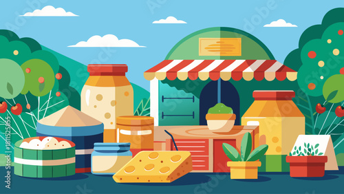 A colorful scene of a market with various food items such as cheese, yogurt, and pickles
