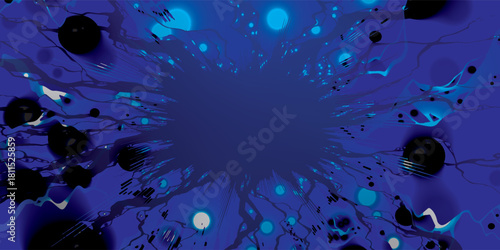 Abstract Blue Composition with Black Spheres and Glowing Orbs.