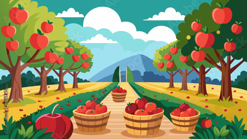 A painting of a field of apples with a path leading through it. The apples are ripe and ready to be picked