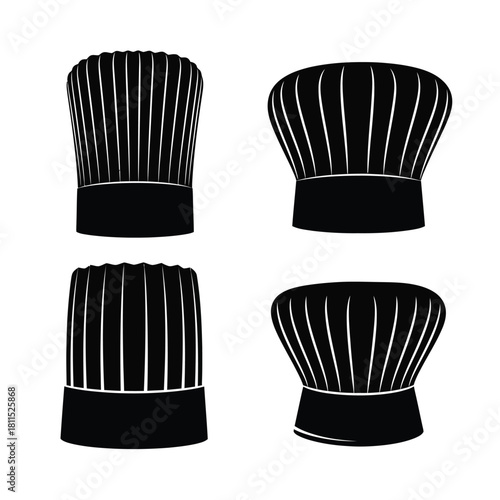Four black silhouette chef hats with pleats and bands displayed in a grid, isolated on a white background. isolated on white background, Vector, illustration