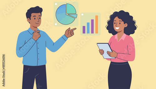 Business meeting showing financial data analysis on charts and graphs with diverse colleagues