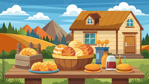 A table with a variety of baked goods and drinks, including sandwiches, cakes, and a pitcher of juice. The scene takes place in a rural setting, with a house in the background