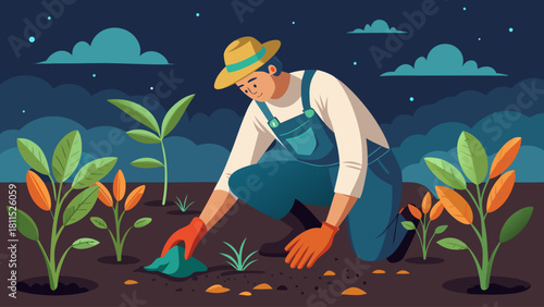 A man in a straw hat is planting a seedling in a garden. The sky is dark and cloudy, and the man is wearing a blue overall