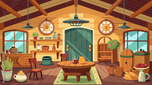 A cartoonish drawing of a cozy cabin with a green door and a wooden table. The room is filled with various items such as potted plants, a vase, a bowl, and a cup. There are also chairs