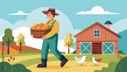 A man is walking in a field with a basket full of oranges. He is wearing a straw hat and a blue overalls. The scene is peaceful and serene, with the man surrounded by nature