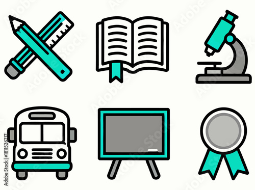 Educational icons representing learning tools, school bus, blackboard, and achievement awards