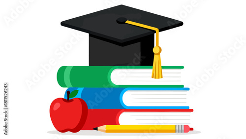 Academic Achievement and Lifelong Learning Concept Graduation Cap on Stack of Books with Apple and Pencil