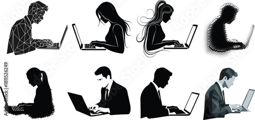 Laptop user silhouette, digital worker, remote job, freelance professional, halftone, textured, low-poly, creative, modern, technology, online work, virtual office, business attire, graphic design