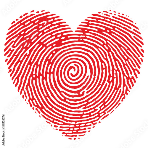 Vector graphic of a red heart fingerprint icon, a symbol of unique love, personal identity, and security