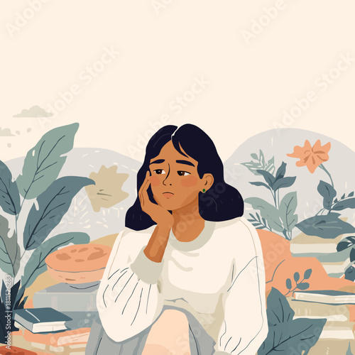 Young woman feeling overwhelmed and mentally exhausted, contemplating amidst a pile of books and botanical decor