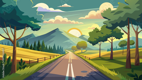 A road with a mountain in the background and trees on both sides. The sun is setting in the distance