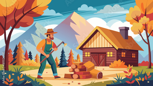 A man is chopping wood in front of a house. The house is surrounded by trees and mountains. The man is wearing a hat and overalls
