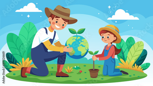 A man and a little girl are planting a tree together. The man is wearing a straw hat and the girl is wearing a straw hat and apron