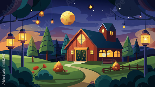 A house with a barn and a path leading to it. The house is surrounded by trees and there is a moon in the sky