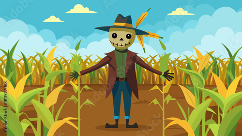 A scarecrow is standing in a field of corn. The scarecrow is wearing a hat and a jacket