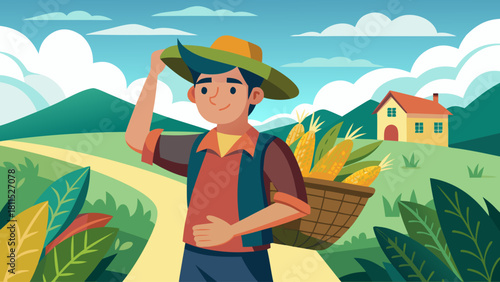 A man wearing a straw hat is carrying a basket of corn. The scene is set in a rural area with a house in the background. The man is happy and content as he walks down the road