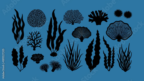 Underwater Flora Silhouette Collection on Blue Background