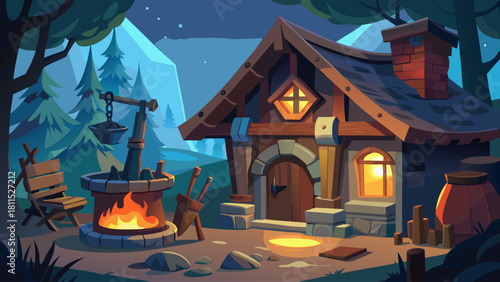 A cabin with a fireplace and a bench outside. The cabin is surrounded by trees and has a cozy, rustic feel