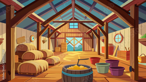 A barn with hay and a few buckets. The barn is a place where one can relax and enjoy the simple things in life