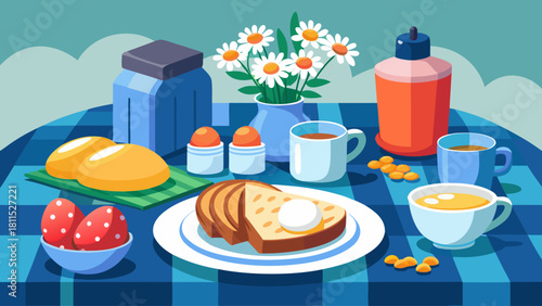 A blue and white checkered table with a variety of food and drinks, including a plate of toast, a bowl of fruit, and a cup of coffee