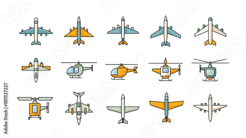 Collection of Cartoon Airplanes and Helicopters Isolated on White Background