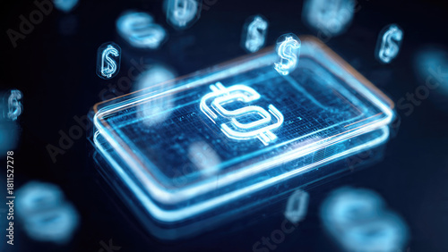 Abstract image depicting glowing blue dollar signs floating around and embedded within digital financial cards, symbolizing virtual currency and futuristic transactions.