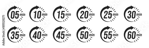 Minute timer, clock, stopwatch, Countdown timer, cooking time icon set. 5, 10, 15, 20, 25, 30, 35, 40, 45, 50, 55, 60 minute dial. Blue color isolated set, symbol. Vector illustration
