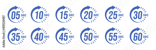 Second timer, clock, stopwatch, Countdown timer, cooking time icon set. 5, 10, 15, 20, 25, 30, 35, 40, 45, 50, 55, 60 second dial. Colorful isolated set, symbol. Vector illustration