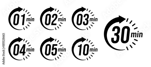 Minute timer, clock, stopwatch, Countdown timer, cooking time icon set. 1, 2, 3, 4, 5, 10 and 30 minute dial. Blue color isolated set, symbol. Vector illustration