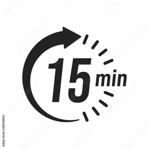 15 minute Timer, clock, stopwatch isolated icons. Countdown timer symbol. Label cooking time. Minute timer, Time measure, Chronometer, Alarm, Kitchen timer, label, sticker, stamp. Vector illustration