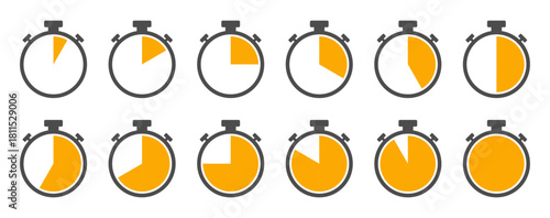 Stopwatch icons with varying filled segments and different progress stages, representing countdowns, time measurement, and time management for productivity