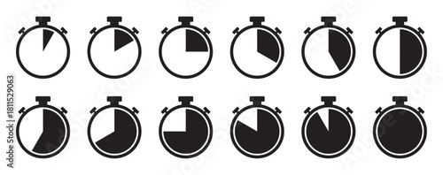 Stopwatch icons with varying filled segments and different progress stages, representing countdowns, time measurement, and time management for productivity