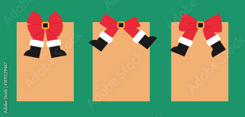 Funny Christmas kraft frame, red bows decorated with Santa's black boots, belt with buckle hand drawn in flat style, decoration for card, banner for New Year. Isolated vector illustration EPS10