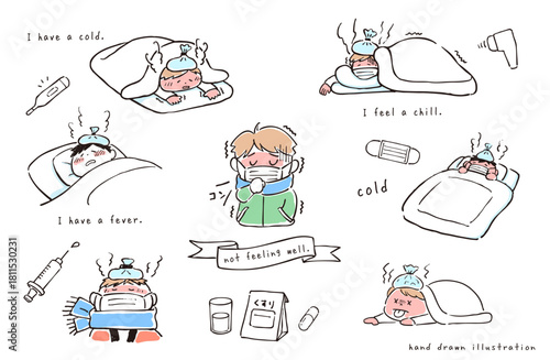 風邪で体調悪い人のイラストセット