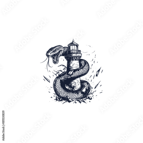 Aggressive vintage illustration of a large viper wrapped around a stone lighthouse, with glass and debris shattering around them