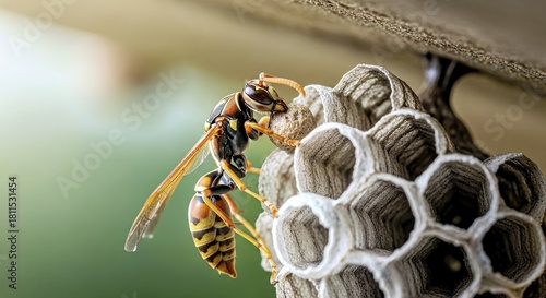 A paper wasp adding pulp to its intricate, hexagonal paper nest 3