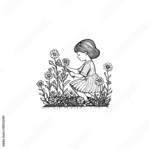 Charming vintage engraving illustration of a little girl gardening, tending to daisy flowers with a small trowel