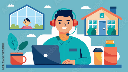 A man is sitting at a desk with a laptop and a headset on. He is smiling and he is enjoying his work. The background features a house and a potted plant