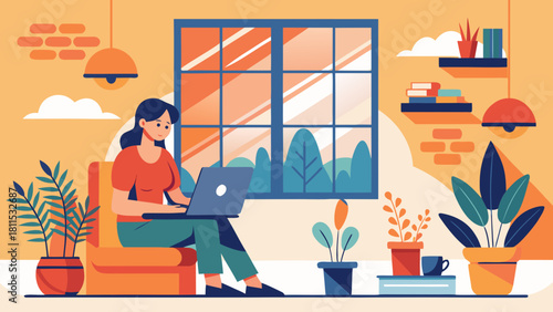 A woman is sitting in a chair in front of a laptop. She is smiling and she is enjoying her work. The room is decorated with plants and books, giving it a cozy and comfortable atmosphere