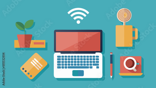 A laptop is open on a table with a coffee mug and a pen. The laptop is connected to a wifi network