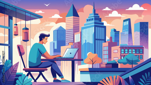 A man is sitting at a desk with a laptop in front of him. The background features a city skyline with tall buildings and a cloudy sky. Concept of productivity and focus as the man works on his laptop