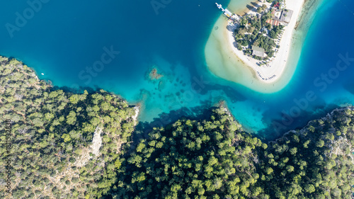 Fototapeta Naklejka Na Ścianę i Meble -  Aerial perspective of Blue Lagoon highlighting its unique shape and turquoise colors