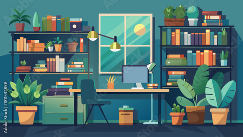 A room with a desk and a computer monitor. The desk is surrounded by bookshelves and potted plants. The room has a calm and organized atmosphere